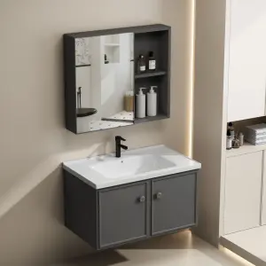 Customized Modern Gray Wall-mounted Bathroom Vanity with Mirror Cabinet Integrated Ceramic Basin for Small Apartment Bathroom