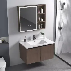 Customized Modern Light Walnut Wall-mounted Bathroom Vanity Set with LED Mirror Cabinet Ceramic Basin for Residential Project