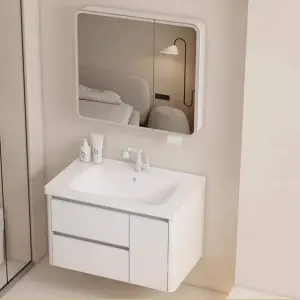 Customized Modern Cream White Wall-mounted Bathroom Vanity with Round Corner Mirror Integrated Ceramic Sink for Bathroom
