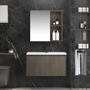 Customized Modern Walnut Wood Grain Wall-mounted Bathroom Vanity Set with Mirror Cabinet Ceramic Basin for Residential Project