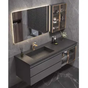 Customized Luxury Dark Grey Wall-mounted Bathroom Vanity with Integrated Stone Sink Waterproof Scratch Resistant for Hotel Villa