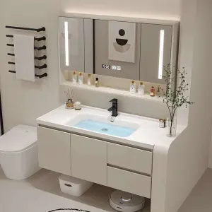 Modern Cream White Wall-mounted Bathroom Vanity with Round Corner LED Mirror Open Shelf Robot Vacuum Friendly for Bathroom