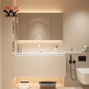 Customized European Cream Style Champagne Wall-mounted Bathroom Vanity with Integrated Sink and Smart LED Mirror Cabinet