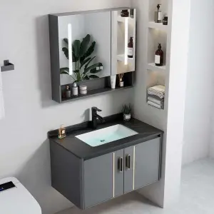 Modern Grey Wall-mounted Bathroom Vanity with LED Smart Mirror, Ceramic Sink & Multiple Size Options for Small Bathroom