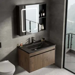 Customized Modern Rustic Brown Wall-mounted Bathroom Vanity with Drawer & Cabinet Storage, LED Smart Mirror & Integrated Sink