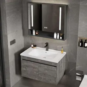 Modern Cement Grey Wall-mounted Bathroom Vanity with Ceramic Integrated Basin LED Mirror Cabinet Open Shelf for Bathroom