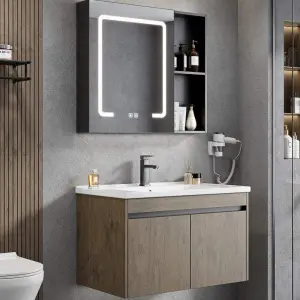 Customized Modern Light Walnut Wall-mounted Bathroom Vanity with White Ceramic Basin LED Mirror Open Shelf for Bathroom Use