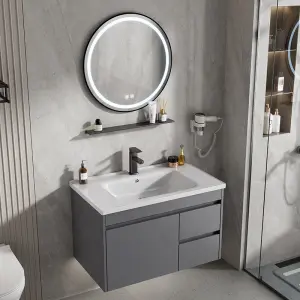 Customized Wholesale Gray Wall-mounted Durable 3-drawer Bathroom Vanity with Integrated Ceramic Basin and LED Mirror Cabinet