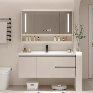 Customized Wholesale European-style White Floating Durable PVC Bathroom Vanity with Hidden Space and Seamless Basin