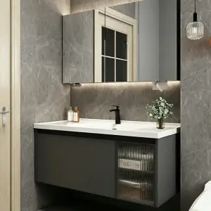 2026 New Model Wall-mounted Gray Single-drawer Glass Cabinet Ceramic Bathtub Bathroom Vanity for Hotel and Apartment Projects