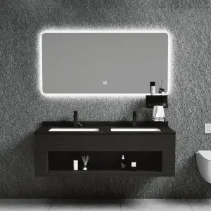 Customized Wall-Mounted Led Mirror Washbasin Stone Basin PVC Dressing Table Bathroom Vanity for Hotel Apartment