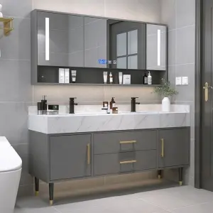 Wholesale Dark Gray Floor Standing Double Sink Bathroom Vanity with 3 Door LED Mirror Cabinet and Open Shelf for Home Hotel