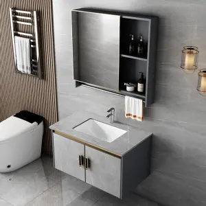 Factory Wholesale Gray Wall-mounted Double Door PVC Bathroom Cabinet with Washing Basin LED Mirror for Hotel Bathroom