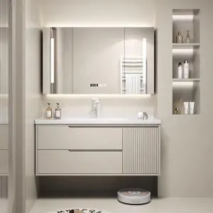 2026 Customized Wholesale Waterproof Durable Fluted White Double-door Wall-mounted Bathroom Vanity with Sink and Mirror Cabinet