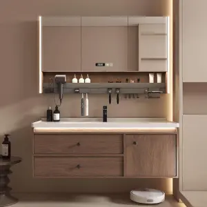 Modern Coffee-colored European-style High-end Rock Plate Ceramic Integrated Hotel Apartment Vanity Bathroom Vanity with Sink
