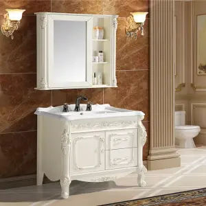 Customized Ce Europe Antique Large Capacity White PVC Dressing Table Bathroom Vanity Set with Mirror Cabinet for Hotel Apartment