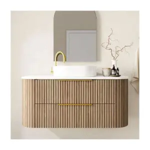 Wholesale Custom High-quality Simple European-style Fluted Curved Luxury Wooden Floating Bathroom Vanity with Sink and Mirror