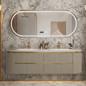 Luxury Light Grey Fluted Wall-mounted Double Sink Bathroom Vanity with Marble Top Gold Trim Oval LED Mirror for Hotel Villa