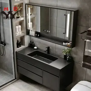 Customized Modern Dark Grey Nano Rock Bathroom Vanity Wall-mounted Floor Standing LED Mirror Open Shelf for Hotel Bathroom