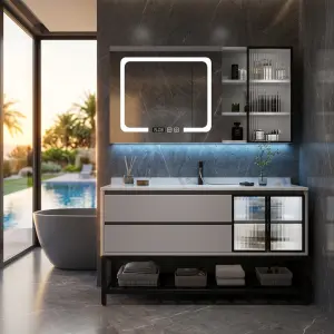 Modern Simple and Intelligent Floor-standing Ceramic Integrated Glass Door Bathroom Washbasin PVC Bathroom Vanity
