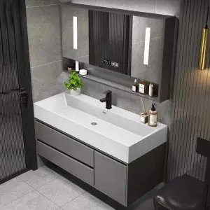 Customized Wholesale Modern Dark Grey Wall-mounted Bathroom Vanity with Integrated Ceramic Sink LED Mirror Open Shelf for Hotel