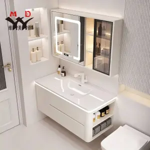 Cream Style White Wall-mounted Bathroom Vanity with Side Storage Compartment and Seamless Basin and with Mirror Lights Cabinet