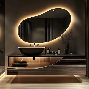 Custom Luxury Irregular Backlit LED Mirror Black Vessel Sink Sintered Stone Floating Fluted Bathroom Vanity for Hotel Use