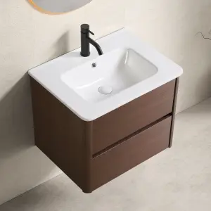 Custom Luxury Modern Walnut Wood Grain Plywood Wall Hung 2 Drawer Rounded Edge Ceramic Integrated Basin Bathroom Vanity set