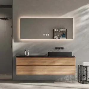 Custom Luxury Natural Wood Grain Plywood 4 Drawers Floating Black Sintered Stone Vessel Sink Bathroom Vanity with LED Mirror