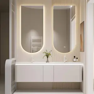 Customized Cream Style White Wall-Mounted Bathroom Vanity with Integrated Basin & Smart Anti-Fog LED Double Oval Mirror