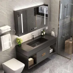 Wholesale Dark Gray Floating Bathroom Vanity with 3 Door LED Mirror Cabinet and Left Right Open Shelves for Home Hotel