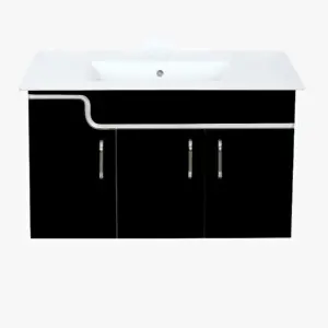 Custom Luxury Modern Black PVC Wall Hung Bathroom Vanity with 3 Doors and Ceramic Basin and Led Mirror for Hotel Apartment