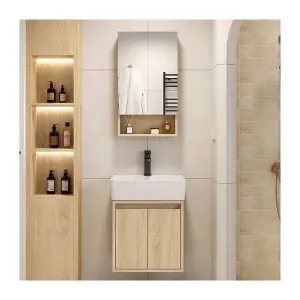 Modern Small Wall-mounted Solid Wood Dressing Table Bathroom Vanity with Washbasin Sink and Mirror for Hotel Restroom Bathrooms