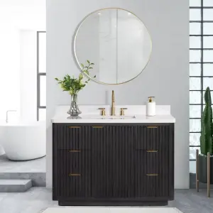 2025 New Factory Customized Luxury Dark Wood Vanity Set with Narrow Edge Metal Frame Round Mirror for High End Bathrooms