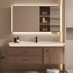 Factory Customized Wood Grain Dressing Table Bathroom Vanity with Smart Mirror Cabinet Storage Drawers for Home Hotel