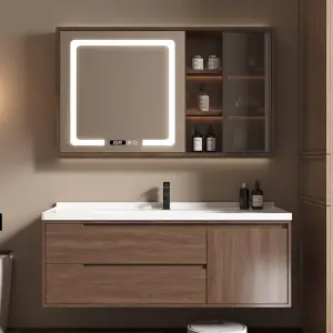 Customized Walnut Color Led Mirror Solid Wood Intelligent Bathroom Cabinet Bathroom Vanity for Bathroom