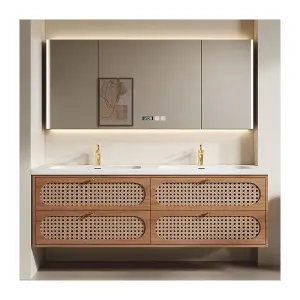Customized Wholesale High-end European 4-drawer Soft-closing Oak Bathroom Vanity with Double Washbasins and Smart Mirror