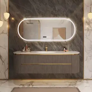 Wholesale Dark Gray Full Fluted Rounded Corner Floating Bathroom Vanity with Oval LED Mirror and Gold Trim for Home Hotel