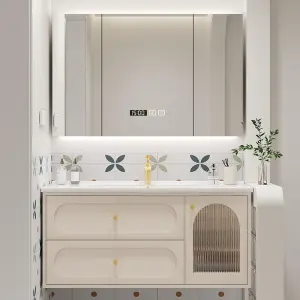 Factory Customized Waterproof Cream Style Dressing Table Bathroom Vanity with Smart LED Mirror and Large Cabinet for Home Hotel