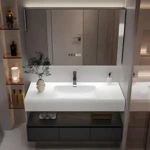 Customized Wholesale Hotel-style Double-layer European Black Wall-mounted Waterproof Bathroom Vanity with Resin Basin and Mirror