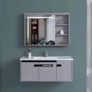High Quality Modern Wall Hanging Plywood Bathroom Vanity Cabinets with LED Mirror and Ceramic Sink for Villas