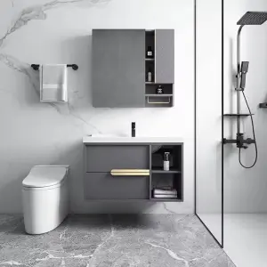 Customized Wholesale Grey 80cm Wall-mounted Soft-closing Drawer Bathroom Vanity with Mirror and Sink for Hotel Apartment