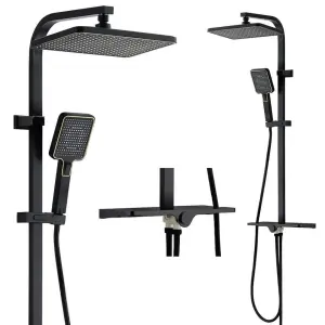 Modern Minimalist Shower Set with Storage Shelf Square Rainfall Head Handheld High Pressure Wall Mounted Bathroom Shower Fixture
