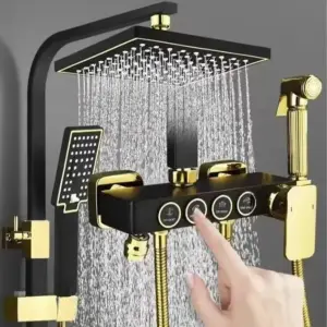 Black Gold Round Button 4 Functions Rainfall Shower System 3 Modes Handheld Bidet Sprayer Storage Shelf Bathroom Shower Set