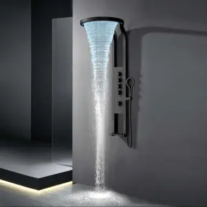 Matte Black Round LED Ambient Light Shower Panel 4 Functions Body Jets Dual Storage Shelves Wall Mounted Bathroom Shower Column