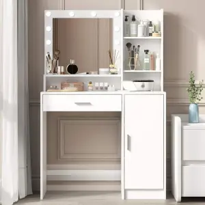 Modern White Vanity Desk with LED Mirror & Lights, 3 Color Modes, Built-in Power Outlet, Large Drawer & 3-Level Storage