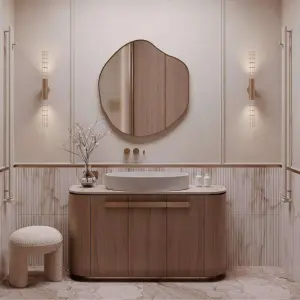 Customized Modern Wood Grain Floor Standing Bathroom Vanity with Cloud Shape Irregular Mirror Marble Top for Bathroom
