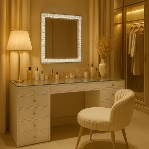 Customized Modern Luxury White Makeup Vanity with Crystal Frame LED Mirror Glass Top 9 Drawers Gold Handles for Hotel Villa