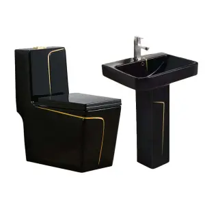 Luxury Premium Glossy Black Ceramic Gold Trim Water Saving Anti Odor Easy Clean Toilet and Pedestal Sink Combo for Apartment