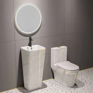 Luxury Premium Marble Pattern Gold Trim Water Saving Anti Odor Easy Clean One Piece Toilet and Basin Set for Bathroom